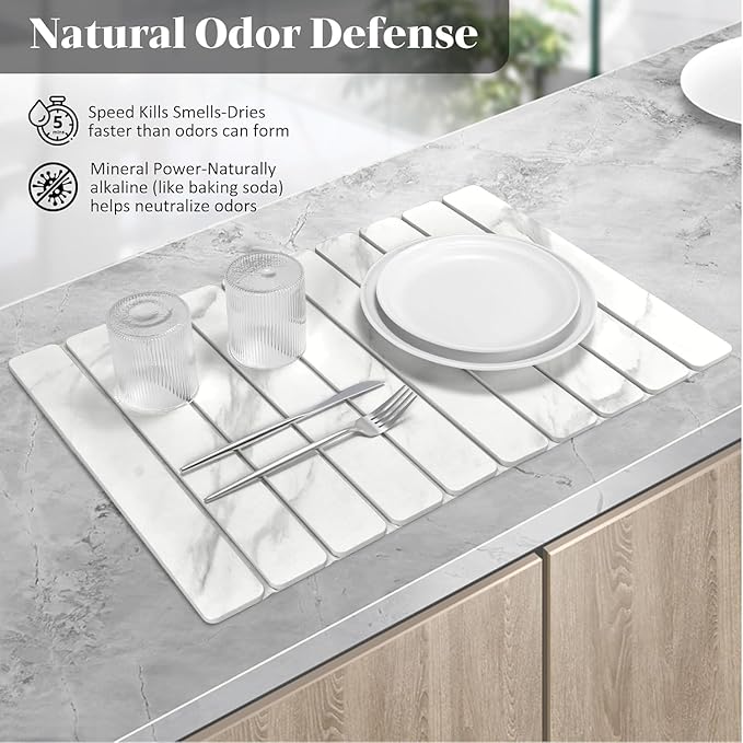 Large Stone Dish Drying Mats for Kitchen Counter, Quick Dry Dish Drying Mats, Foldable Absorbent Diatomaceous Earth Mats for Dishes Cups, Match Any Countertop (24"×16" & 8"x4" White Marble )