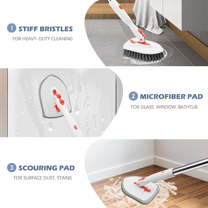 SetSail 4-in-1 Tile Tub Floor Scrubber with Floor Scrub Brush, Orange | with 3 Detachable Replacement Brush Head, Multi-Angle Cleaning Locks at 45°, 90°, 180° for Bathroom Kitchen Walls Tub Tile