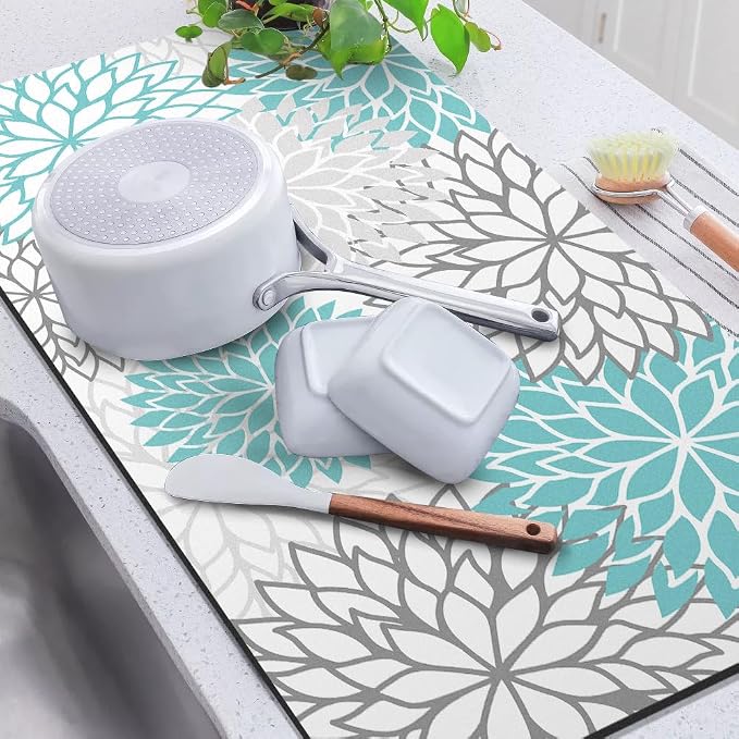 Findosom 2PCS 17" x 32" Dish Drying Mat & 24" x 5.5" Sink Splash Guard, Super Absorbent & Cuttable Dish Mat Drying Kitchen Mat with Teal Floral, Hide Stain Drying Mat for Kitchen Counter