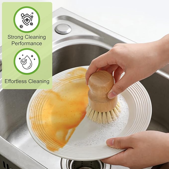 4 Pack Bamboo Dish Brush Set, Natural Kitchen Scrub Brush with Sisal Bristles, Wooden Dish Scrubber for Cleaning Dishes, Pots, Vegetables and Sink