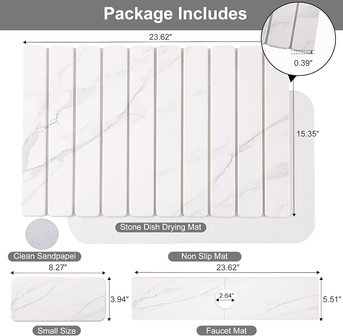 3 PCS Large Stone Dish Drying Mat for Kitchen Counter, Quick Dry Stone Dishes Mats, Sink Faucet Mat, Marble Water Absorbing Diatomaceous Earth Drying Pad for Countertop Tableware, Bottles