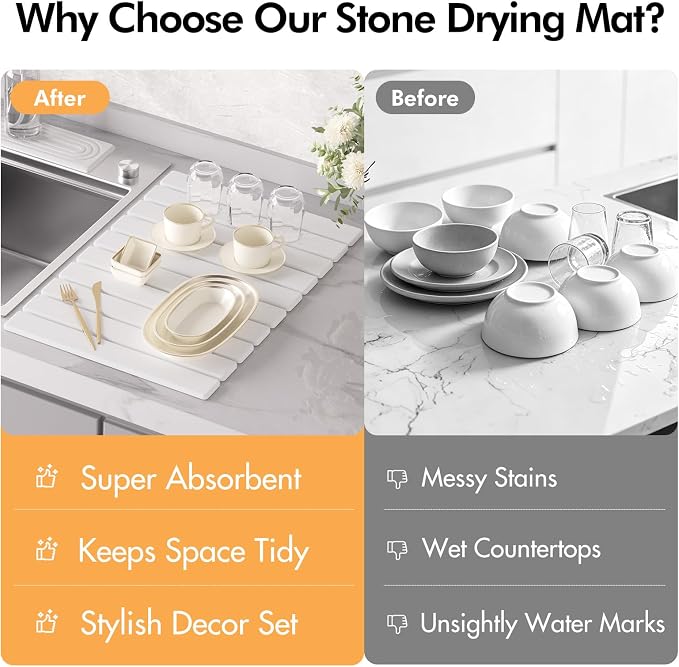 4 Pcs Stone Dish Drying Mat Set, 24''x16'' Large Super Absorbent Diatomaceous Earth Stone Drying Mat Faucet Mat with 2 Coasters, Collapsible Quick Dry Mat for Kitchen Counter Dishes