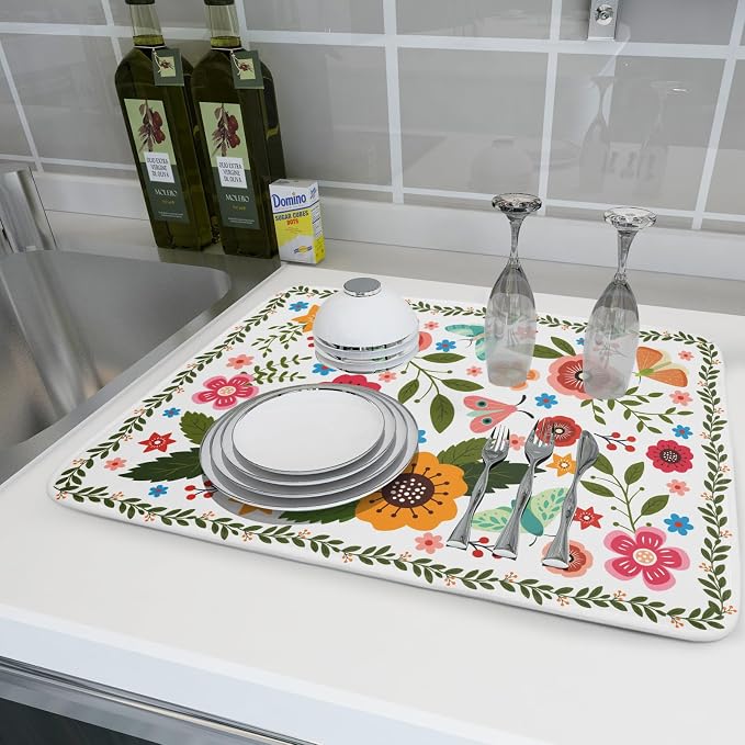 Colorful Boho Floral Dish Drying Mat 18x24 Inch Dishes Dry Pad Drainer Rack Mats Absorbent Hanging Loop Kitchen Counter Bar Accessories