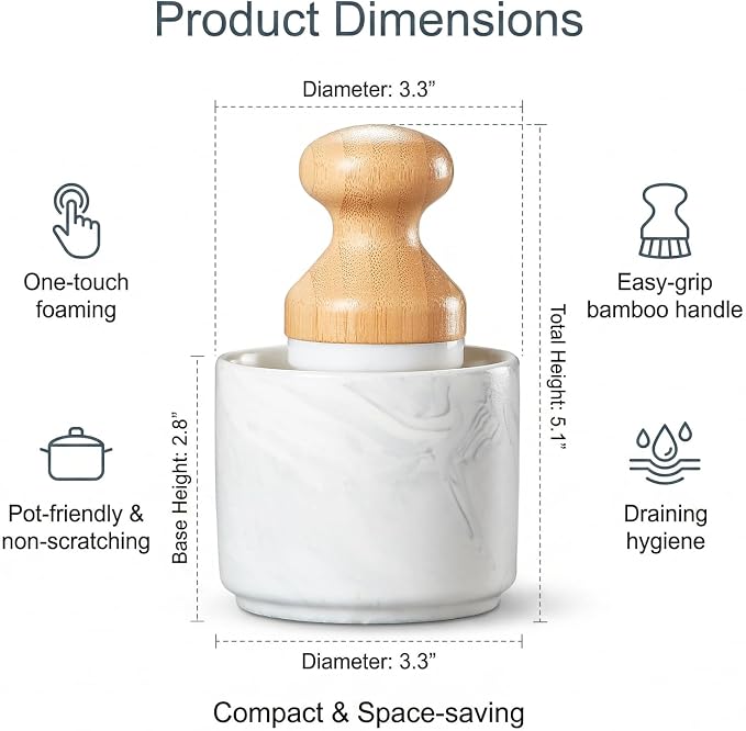 ONEMORE Bamboo Dish Brush with Ceramic Foaming Base, Kitchen Sink Scrub Brush Set with Spring and Mesh Insert, Wooden Handle Dishwashing Brush for Pots Pans Plates Bowls, Marble
