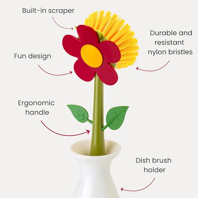 Vigar Flower Power Dish Brush - Flower-Shaped, Dish Brush with Handle, Dish Scrubber with Stand, Scrub Brush for Dishes, Dishwashing Brush, Kitchen Scrub Brush, Kitchen Essentials - White, Red