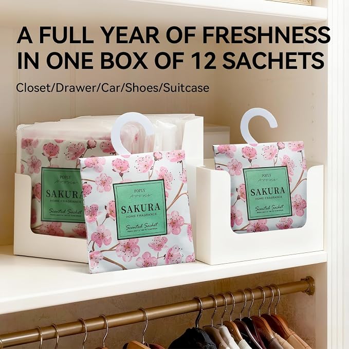 12 Pack Sakura Scented Sachets, Air Freshener for Home & Small Spaces | Hanging Sachet Bags with Retractable Hook; Closet Deodorizer & Odor Eliminator for Drawers, Shoe Cabinets, Cars & Luggage