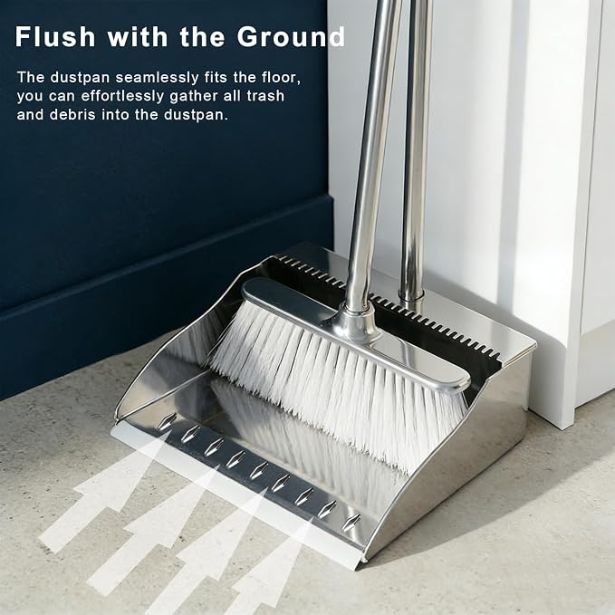Soft Bristle Broom & Stainless Dustpan Set, Silver, Tile/Wood/Composite
