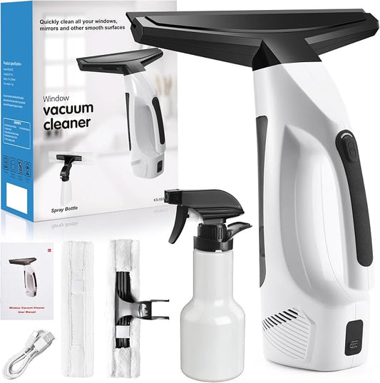 Window Vacuum Squeegee Cordless, 2000Pa Electric Rechargeable Window Cleaner with 200ml Water Tank, Cleaning Kit with Spray Bottle & Microfiber Pad for Glass, Mirror, Shower Door, Car Windshield