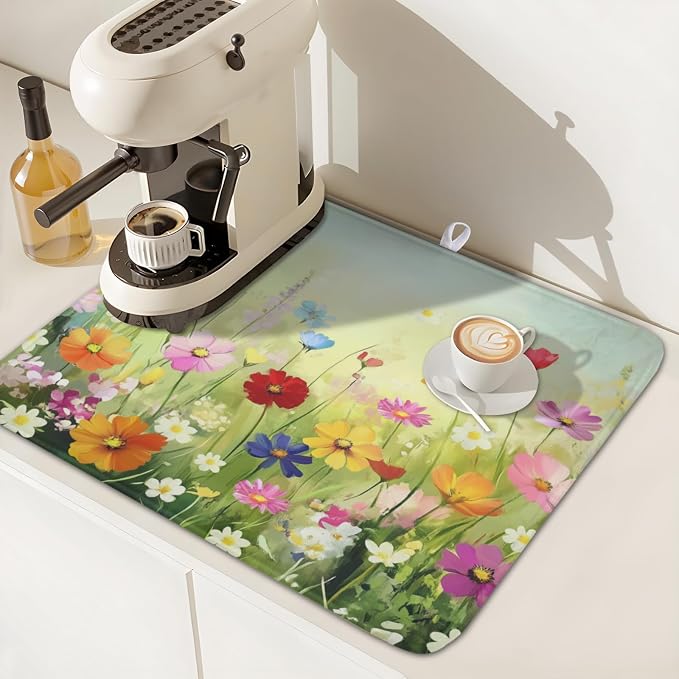 Spring Summer Daisy Dish Drying Mat 16 x 18 Inch Colourful Floral Pattern Dish Drainer Rack Mat Absorbent Microfiber Mats Holiday Dish Pad for Kitchen Coffee Dining Bar Decor