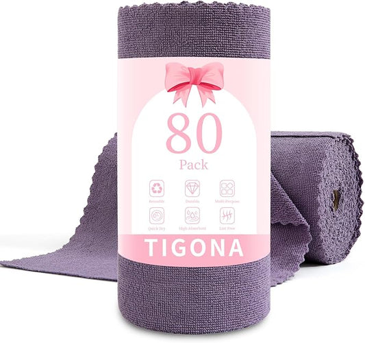 80 Pack Microfiber Cleaning Cloth Roll,Lint Free Rags & Tear Away Reusable Towels Washable Scratch,Ultra Absorbent Dish Rags(12" x 12") for Car Kitchen Home Garage-Dark Purple