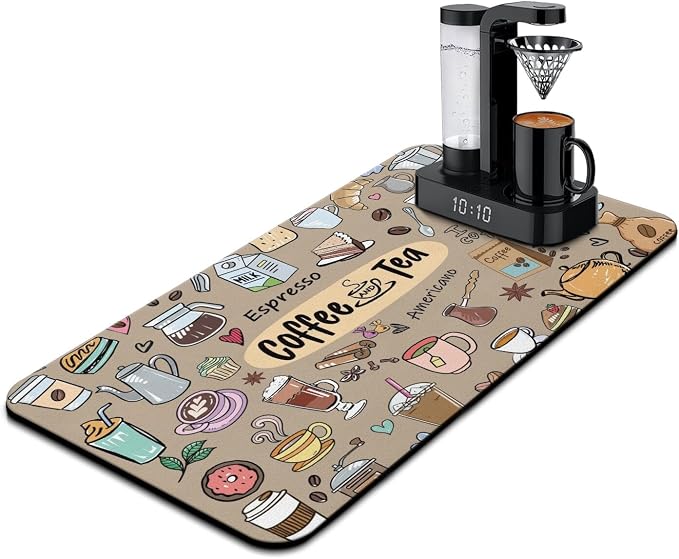 Coffee Mat 17inx31.5in, Coffee Bar Mat for Countertops, Absorbent, Hide Stain, Anti-Slip, Dish Drying Mat