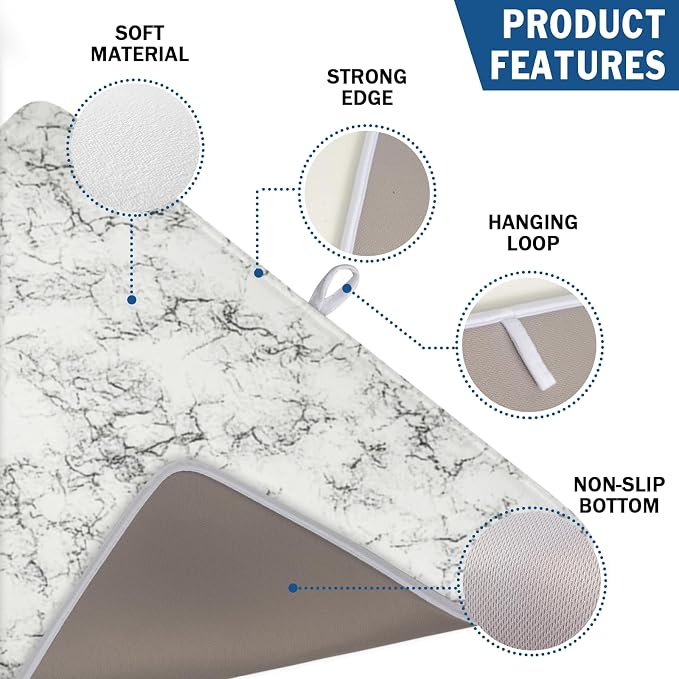 White Grey Marble Dish Drying Mat for Kitchen Counter Modern Marble Pattern Microfiber Dish Drainer Mat Absorbent Washable Drying Pad Extra Large 18"x24"