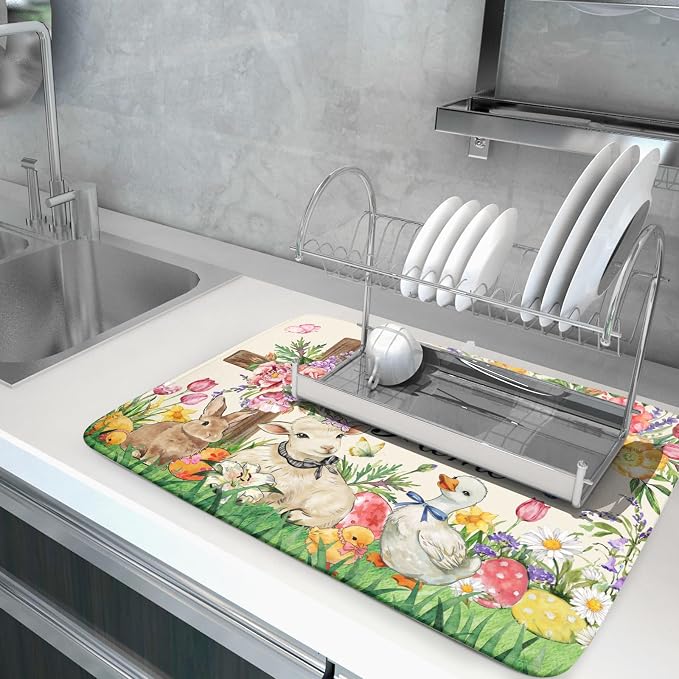 Easter Farmhouse Dish Drying Mat Funny Animal Microfiber Dish Pad for Kitchen Counter Large 18 X24 In