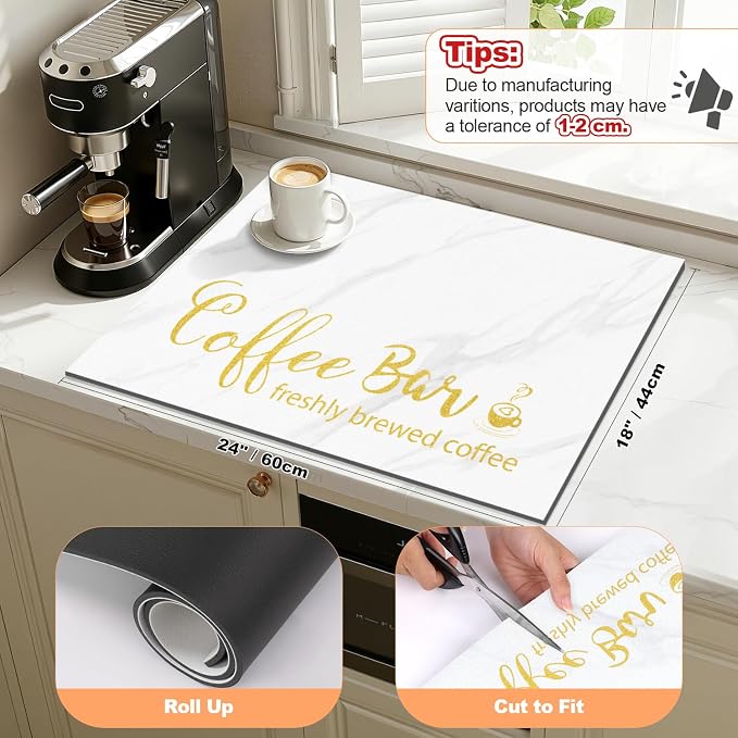 Findosom Dish Drying Mat, 18" x 24" Super Absorbent & Hide Stain Coffee Mat, Cuttable Drying Mat for Kitchen Counter, Coffee Bar Accessories, Under Dish Rack, Coffee Maker, Espresso Machine, White