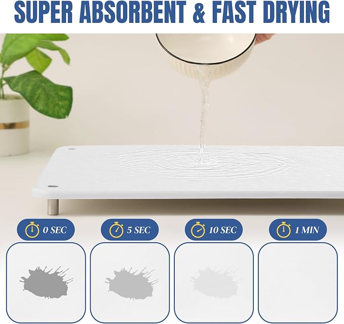 Stone Drying Mat for Kitchen Counter with Non-Slip Stainless Steel Feet, Quick Drying Diatomaceous Dish Racks for Dishes, Bottles and More, 15.7"(L)×11.8"(W), Cream White