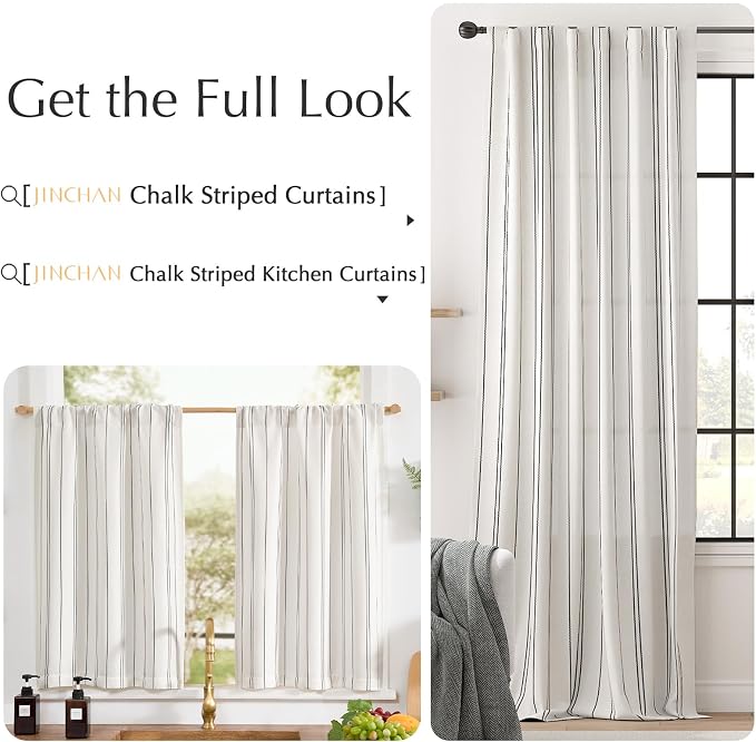 jinchan Black Stripe Linen Look Tier Curtains, 26x24, 2 Panels, White | Light filtering, rod pocket, farmhouse style, rustic decor, kitchen, bathroom, laundry room, RV, small windows
