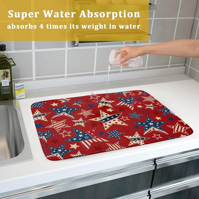 4th of July Dish Drying Mat for Kitchen Counter Patriotic Red Absorbent Dishes Dryer Pad 18 x 24 in