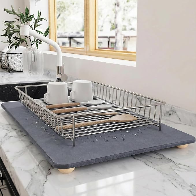 Stone Drying Mat for Kitchen Counter with 5 Wooden Feet | 19.7"×15.7" Diatomaceous Earth Dish Drying Mat, Elevated Drying Stone Mat for Modern Kitchen Countertop