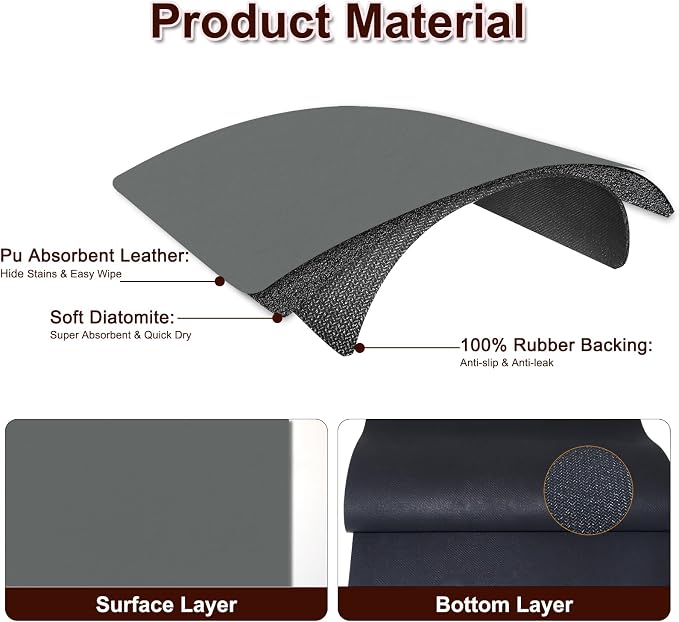 BLESWIN Dish Drying Mat for Kitchen, 16'' x 24'' Coffee Bar Mat for Countertops, Coffee Station Matt with Non-slip Rubber Backed, Absorbent Dish Dying Mat for Kitchen Counter, Gray