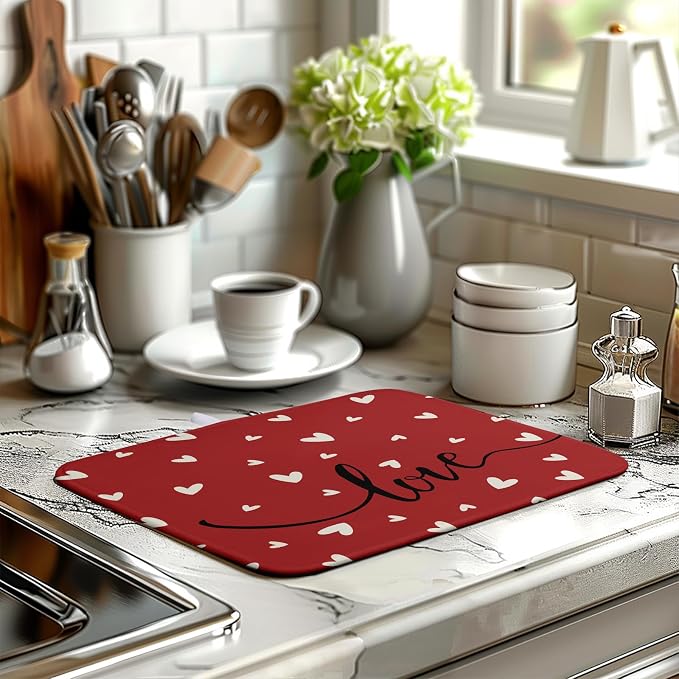 Valentines Day Dish Drying Mat 18x24 Inch Valentine Red Love Heart Drying Mats for Kitchen Counter Super Absorbent Microfiber Medium Dish Drying Pad Heat Resistant Dish Draining Rack Mat