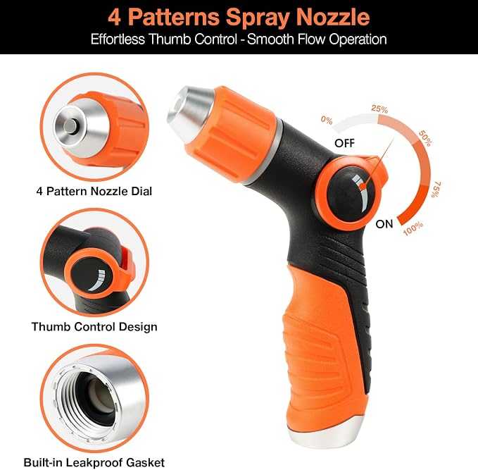 Besiter Garden Hose Nozzle Sprayer High Pressure Water Hose Nozzle with 4 Patterns with Adjustable Spray for Car Washing, Garden Watering, Patio Cleaning and Pets (Orange)