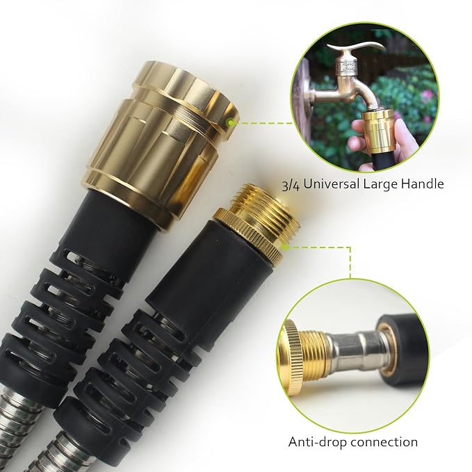 100FT Metal Garden Hose - Stainless Steel, Heavy Duty, Flexible & Lightweight, Never Kink and Tangle, with 10-Function Nozzle, Pressure Resistant for Outdoor Use (Yellow)