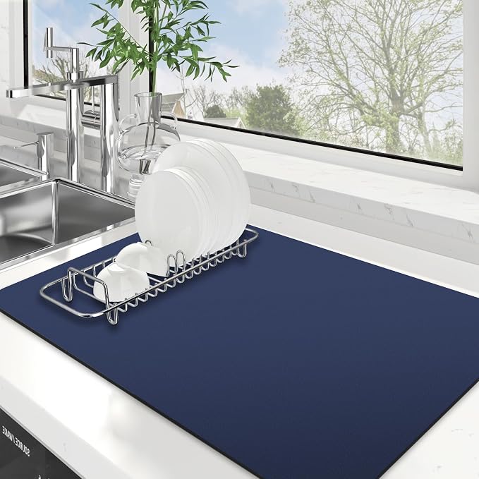 WISELIFE Dish Drying Mat Super Absorbent Drying Mat Large Dish Drying Mats for Kitchen Counter Easy Clean Dish Mat Kitchen Drying Mat16"x 24" Classic Blue