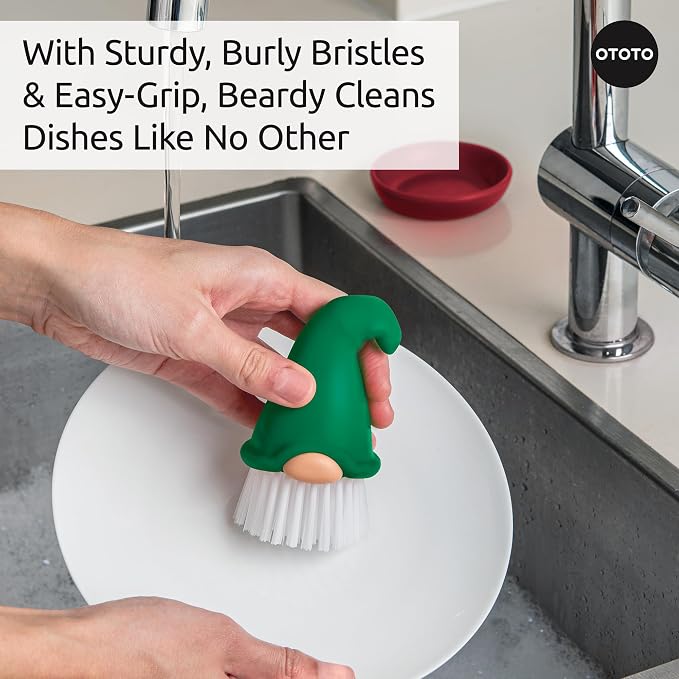 New! Beardy Gnome Dish Brush by Ototo - Gnomes, Quirky Gifts, Cute Kitchen Accessories, Funny Kitchen Gadgets, Vegetable Brush, Cute and Useful Gifts for Women (Green)