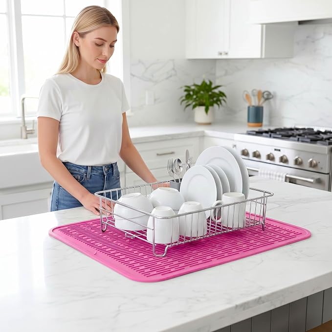MicoYang Silicone Dish Drying Mat for Multiple Usage,Easy clean,Eco-friendly,Heat-resistant Silicone Mat for Kitchen Counter or Sink,Refrigerator or Drawer Liner Rose 2XL 24 inches x 18 inches