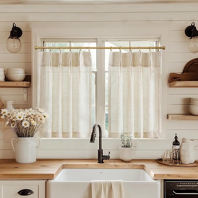 jinchan Linen Pinch Pleated Back Tab Tier Curtains,26x36,2 Panels,Natural | Light filtering,small window treatment,cafe curtains,machine washable,farmhouse,kitchen,bathrooms,laundry
