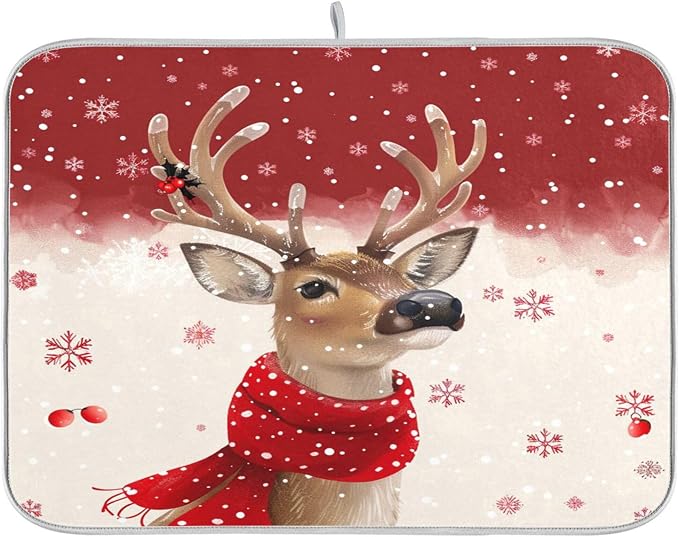 Christmas Reindeer Dish Drying Mat for Kitchen Countertop 18x24 Winter Snowflake Red Xmas Large Drying Mat Reusable Quick Dry Dish Sink Mats Easy Clean Decorative Essentials