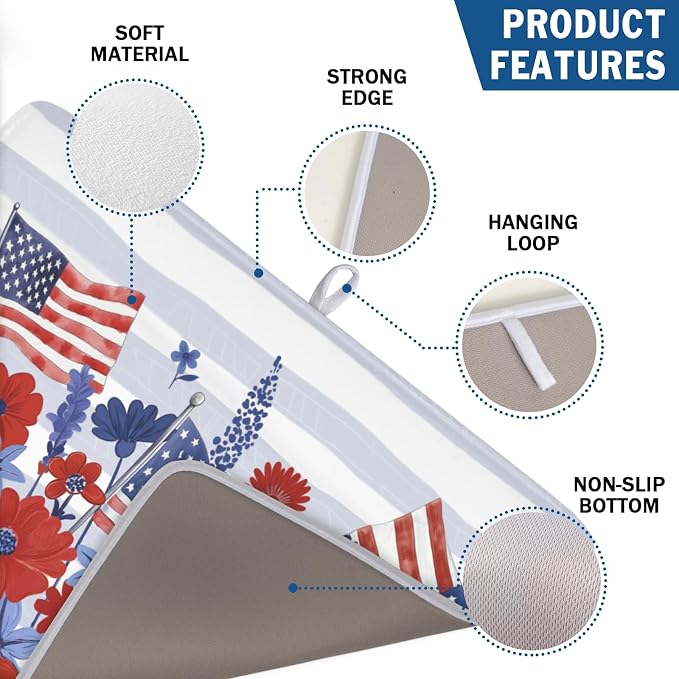 Patriotic Floral Dish Drying Mat for Kitchen Counter 4th of July American Flag Microfiber Dish Drainer Mat Red and Blue Flower Absorbent Washable Drying Pad 18"x24"
