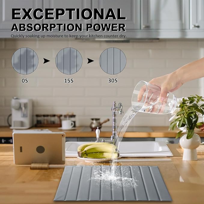 Large Stone Dish Drying Mat for Kitchen Counter 24x16 Inch - Super Absorbent Quick Dry Diatomaceous Earth with PU Leather, Foldable Space Saving Stone Bath Mats for bathroom