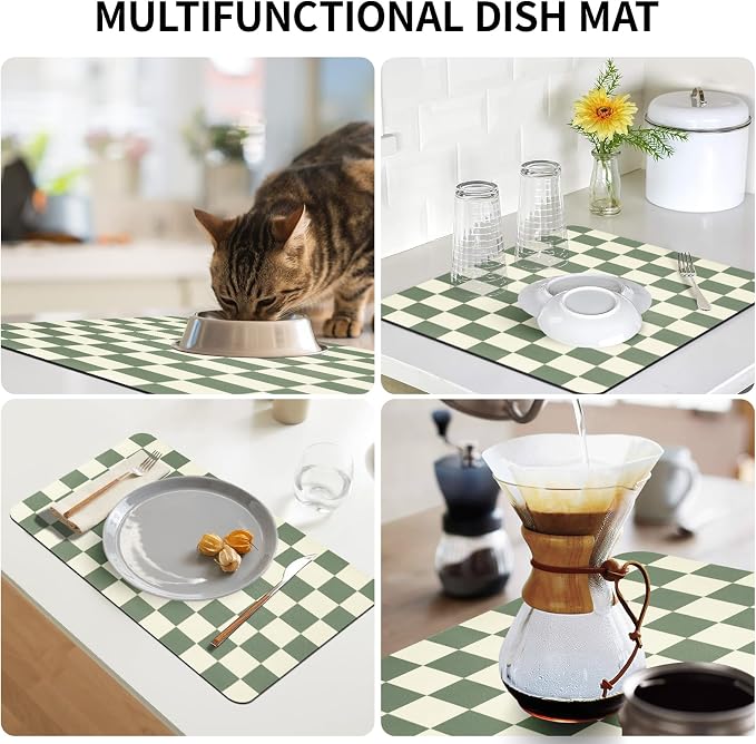 Dish Drying Mat for Kitchen Counter,11.8"x 18.9" Super Absorbent Kitchen Dish Drying Pad, Coffee Bar Mat with Rubber Backed, Coffee Bar Accessories for Countertop,Green Checkered
