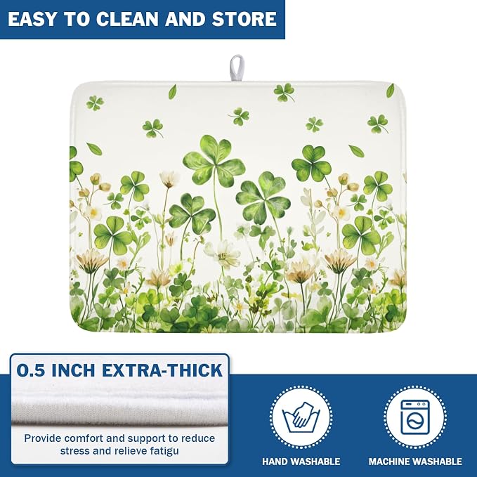 St Patrick's Day Green Clover Dish Drying Mat 18x24 Inch | Shamrock，Polyester，Absorbent Microfiber，for Kitchen Coffee Dining Bar Decor