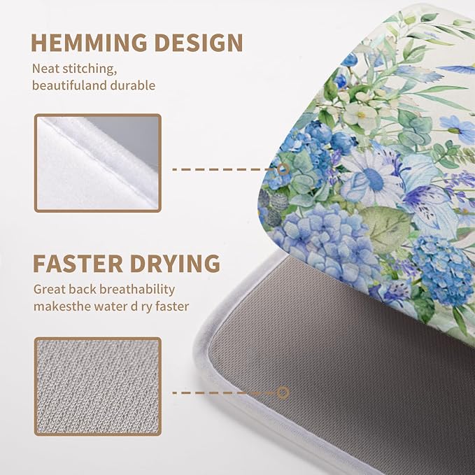 Blue Hydrangea Dish Drying Mat for Kitchen Counter 16 x 18 Inch Spring Floral Hummingbird Butterfly Absorbent Microfiber Dish Mat Reversible Washable Heat Resistant Dry Pad for Coffee Bar