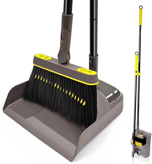 JEHONN Broom with Dustpan Combo Set, Long Handle Lightweight 180 Degree Rotating Sweeping Brush Indoor, Upright Standing Dust Pan with Comb Teeth for Home Room Kitchen Office Lobby (Brown Yellow)