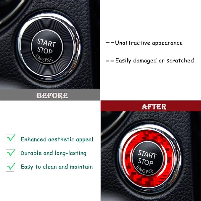 Red Real Carbon Fiber Trim for Nissan Rogue Accessories | for 2014-2020 / Rogue Sport 2017-2022 Engine Ignition Key Ring Start&Stop Sticker Interior Thick Overlay Decal