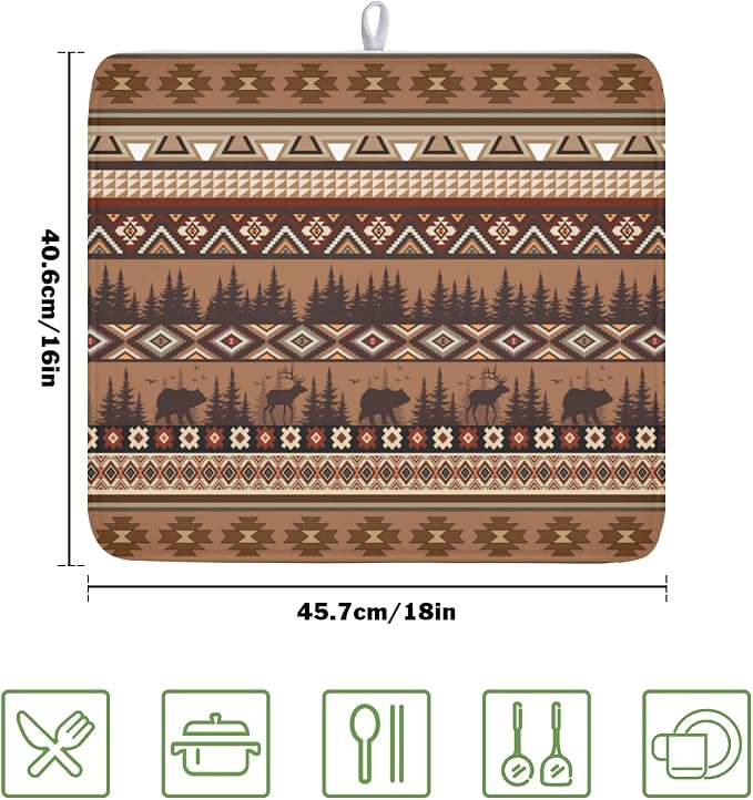 Giwawa Rustic Bear Deer Dish Drying Mat Boho Ethnic Drainer Rack Pad 16x18 Inch Microfiber Absorbent Dish Sink Mat for Counter Kitchen Tableware