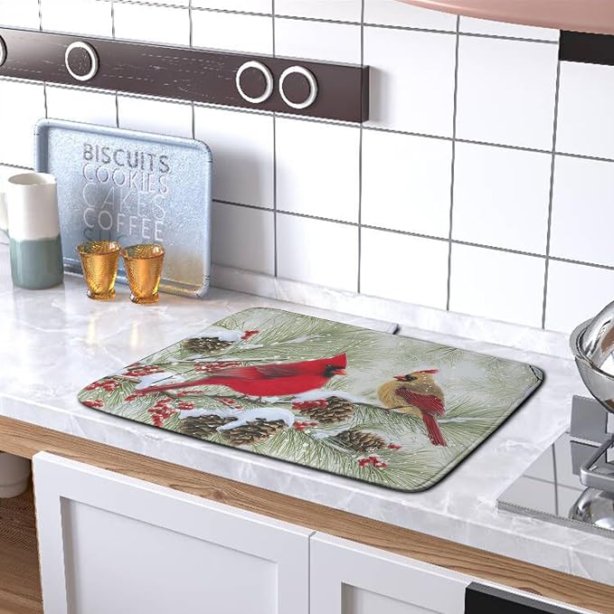 Winter Dish Drying Mat for Kitchen Counter 18x24 Inch Christmas Red Birds Drying Mats Xmas Holiday Microfiber Absorbent Dishes Drainer Mats Cardinal Dish Rack Pad