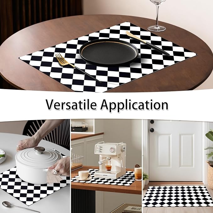 Checkered Dish Drying Mat for Kitchen Counter 24x16 Inch Super | Resistant Mat Reusable Place Mats,Aesthetic Coffee Car Accessories,Office Desk Pad Protector