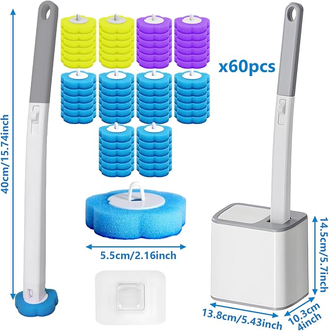Disposable Toilet Brush Cleaning System, Disposable Toilet Cleaner Wand and Holder Set with 60 Toilet Wand Refills, Extended Handle for Toilet Bowl Cleaners, Bathtub, Bathroom Cleaning