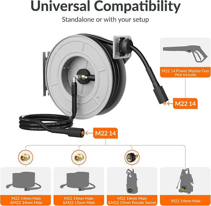 Giraffe Tools Pressure Washer Hose Reel 65ft, 3200 PSI | Power Washer Hose Reel, Automatic Rewind, Wall Mounted