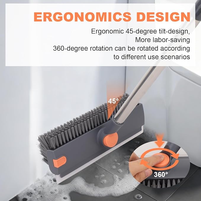 Floor Scrub Brush with 64" Long Handle - 360° Swivel Heads Household Push Brush with Squeegee and Right Angled Bristle for Cleaning Concrete Floors Grout Gardens Patio Deck Concrete Garage Heavy Duty