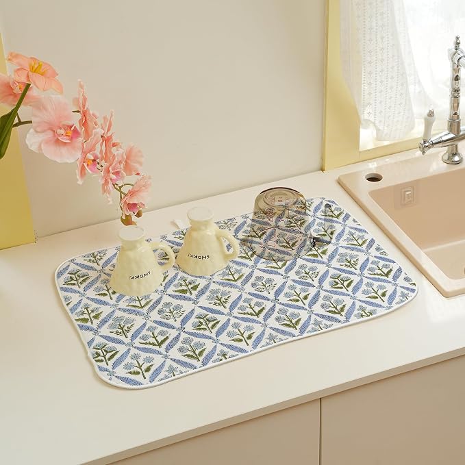 Blue Sage Green Block Print Dish Drying Mats 18x24 Inch Blue Green Vintage Spring Floral Drying Mats Summer Outdoor Decorations Absorbent Drying Dish Mats for Kitchen Dining Room Counter Decor