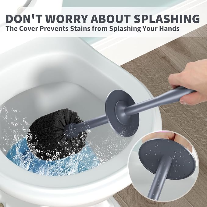 Toilet Brush, Toilet Bowl Brush with Extra Long Handle Durable Bristles Toilet Scrubber and Covered Holder for Toilet Brush Set for Bathroom Cleaning (Gray, 1 Set)