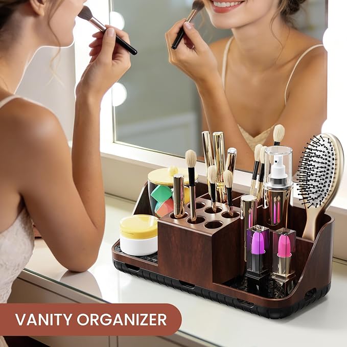 Boperzi Bathroom Counter Organizer for Vanity & Sink Storage: Detachable Electric Toothbrush and Toothpaste Holder, Water Flosser Holder, Bathroom Decor and Accessories Organization Set(Walnut Black)