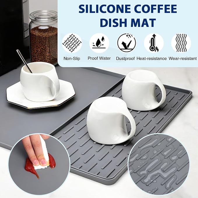 Silicone Coffee Mat 24" x 16", Heat Resistant Non Slip Leak Proof with Concave Convex Design & Detachable Drying Layer, Coffee Bar Mat for Espresso Machine, Coffee Maker Countertops (Gray)