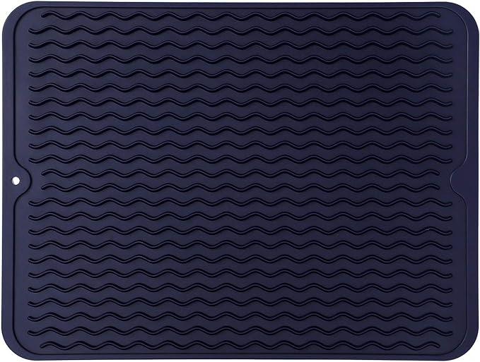 MicoYang Silicone Dish Drying Mat — Quick-Dry Ridges Counter & Sink Pad, Heat-Resistant Trivet to 450°F, Non-Slip & Dishwasher Safe, Roll-Up Storage, 18 Colors & 9 Sizes (Navy Blue, 16"×12")