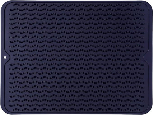 MicoYang Silicone Dish Drying Mat — Quick-Dry Ridges Counter & Sink Pad, Heat-Resistant Trivet to 450°F, Non-Slip & Dishwasher Safe, Roll-Up Storage, 18 Colors & 9 Sizes (Navy Blue, 16"×12")